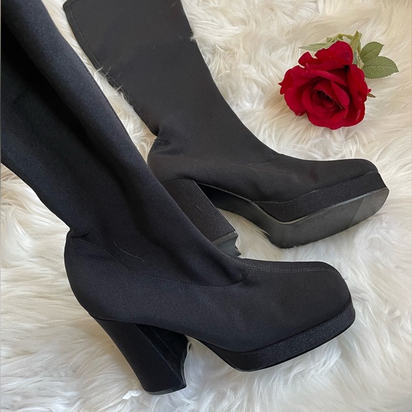Vintage 90s  Grunge Square Toe stretch fabric/Sock knee-high boots - Picture 3 of 16